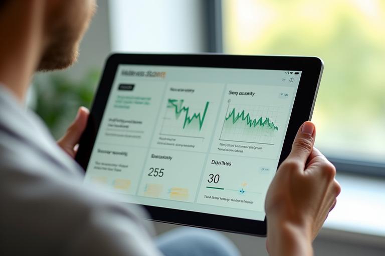 Interfaccia di una dashboard wellness live, con grafici interattivi che mostrano metriche di salute come frequenza cardiaca, sonno e passi, personalizzata per adulti over 35.