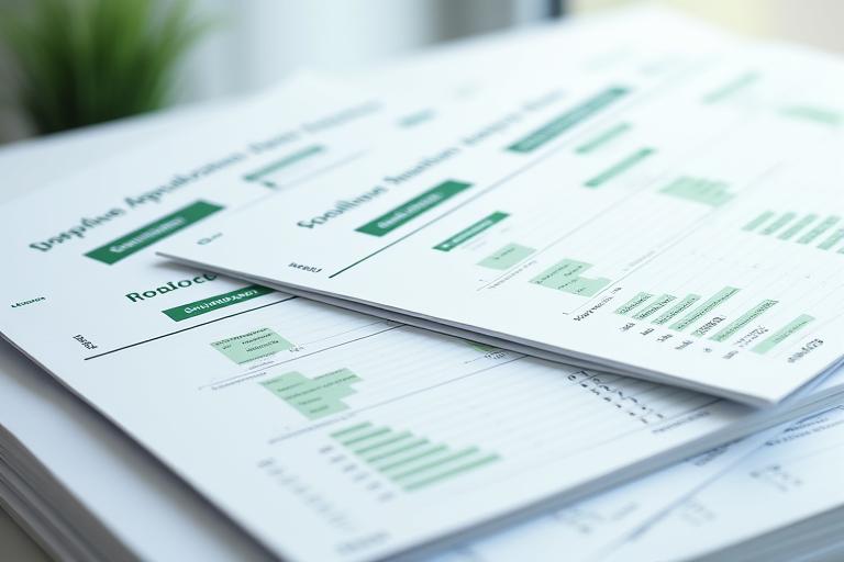 Una pila di report digitali con grafici e statistiche chiare, mostrando un riassunto settimanale, mensile e previsioni annuali. Design pulito e professionale.