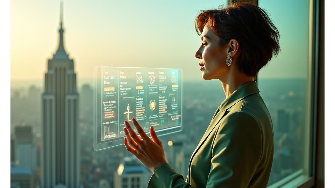 Donna di 40 anni che interagisce con un'interfaccia olografica che mostra un piano di benessere personalizzato con icone di nutrizione, esercizio fisico e meditazione in un ambiente elegante di Milano.