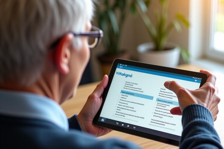 Persona anziana che usa un tablet con modalità ad alto contrasto, evidenziando le funzionalità di accessibilità di Vitalegno