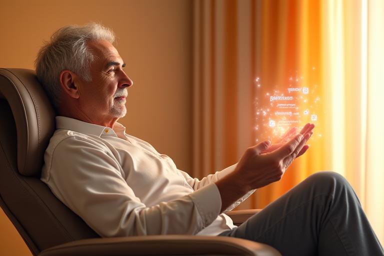 Un utente anziano che interagisce con un'interfaccia wellness tramite controllo vocale o eye-tracking, mostrando facilità d'uso e inclusività grazie alla tecnologia touchless.