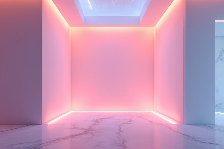 Una persona immersa in un ambiente di relax multisensoriale, circondata da luci colorate sfumate, aromi invisibili e vibrazioni leggere, il tutto attivato senza contatto.